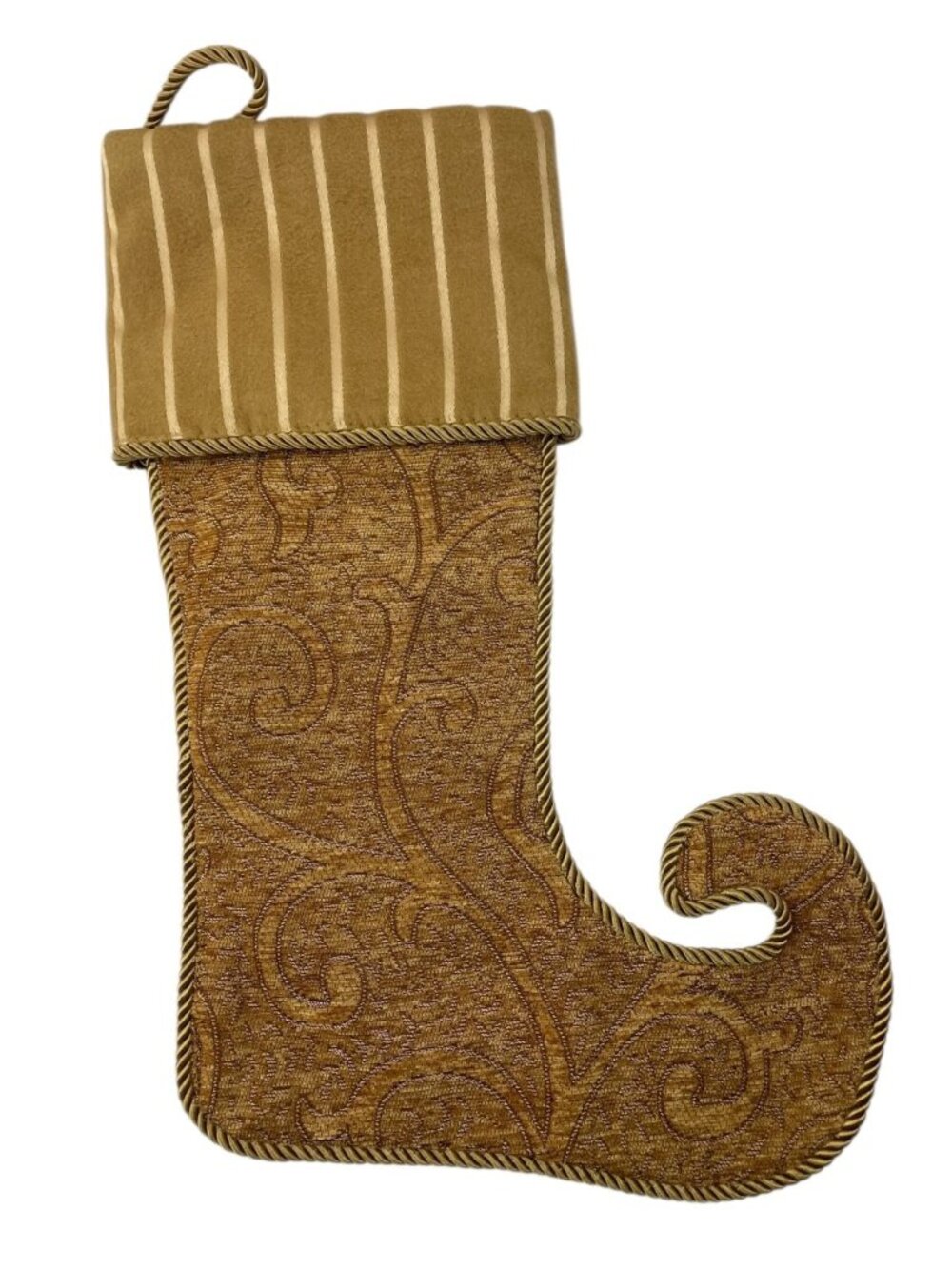 Elf Boot Stocking Christmas Holiday 21" Ornate Gold Bronze Rope Trim Decor